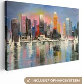 Canvas - Olieverf - Schilderij - Skyline - Boot - Water - Muurdecoratie - 60x40 cm - Wanddecoratie - schilderijen op canvas
