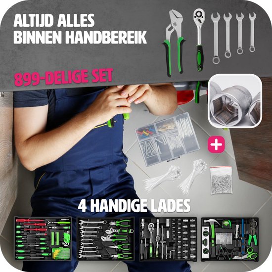 tectake® gereedschapsset in aluminium koffer, gereedschapskoffer gevuld 699-delig, mobiele gereedschapskoffer, telescoopgreep, grote gereedschapskist voor professionals en huishoudens - zwart
