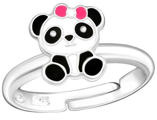 Joy|S - Zilveren Panda ring - verstelbaar - met roze strikje - voor kinderen