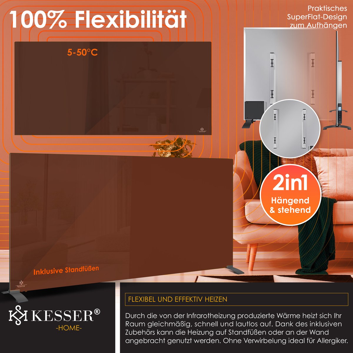 KESSER® Infrarood Kachel 600W Elektrische Verwarmingspaneel - Infraroodverwarming Energiebesparing 2-in-1 Staande & Muurmontage Verwarming met Thermostat + open raam detectie + Afstandsbediening & APP-bediening - Zwart – foto 6