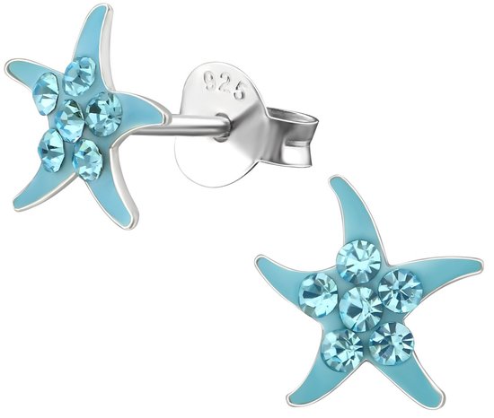 Joy|S - Zilveren zeester oorbellen - blauw kristal - ster
