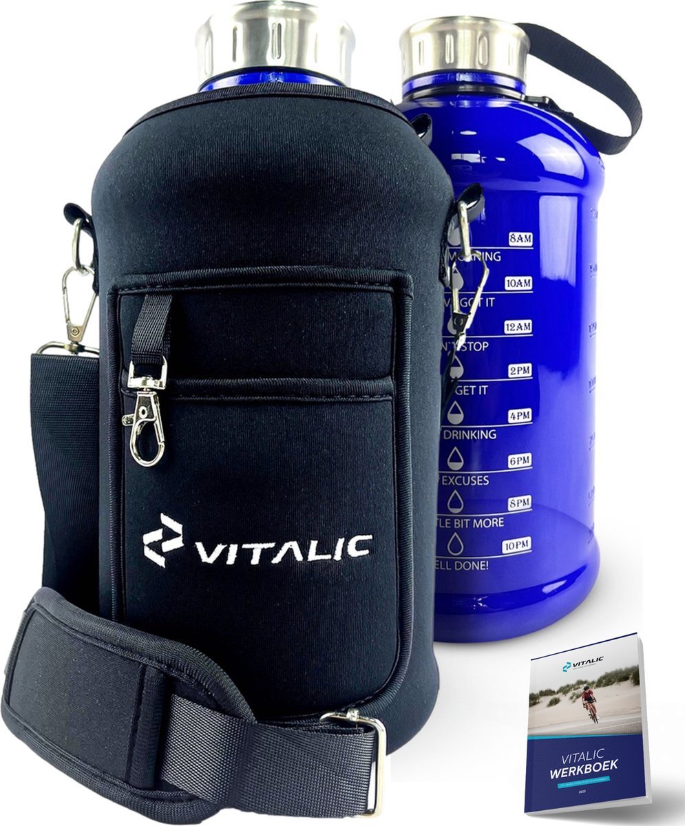 Extra grote 2 LITER Waterfles BPA vrij - met Tijdmarkeringen en isolerende hoes - Incl Online trainingsschema - Sportfles - Motiverende Drinkfles