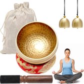 Tibetaanse Zingende Kom Set, Meditatie Zingende Kom, Diameter 8.6 cm, Met de Hand Gehamerde Koperen Zingende Kom Set met Houten Klopper, Zingende Kom Kussen en 2 Stuks Koperen Bel voor Yoga Meditatie en