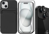 Hoesje Pasjeshouder geschikt voor iPhone 15 Plus - Screenprotector FullGuard + Camera Lens Screen Protector Zwart - Siliconen Case Back Cover Zwart