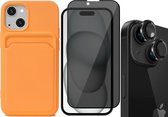 Hoesje Pasjeshouder geschikt voor iPhone 15 - Privacy Screenprotector FullGuard + Camera Lens Screen Protector Zwart - Siliconen Case Back Cover Oranje