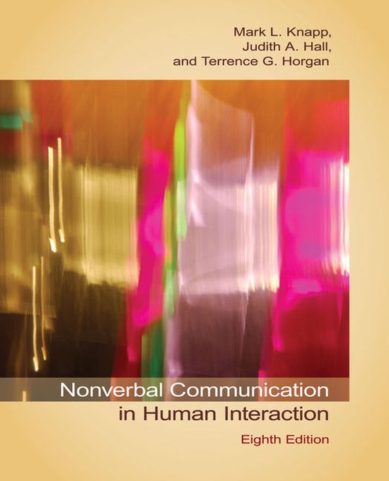 Boekomslag met rode, roze, groene en gele abstracte strepen. Titel: Nonverbal Communication in Human Interaction.