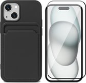 Hoesje Pasjeshouder geschikt voor iPhone 15 Plus - Screenprotector FullGuard - Siliconen Case Back Cover Zwart & Screen Protector