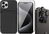Hoesje Pasjeshouder geschikt voor iPhone 15 Pro - Screenprotector FullGuard + Camera Lens Screen Protector Zwart - Siliconen Case Back Cover Zwart