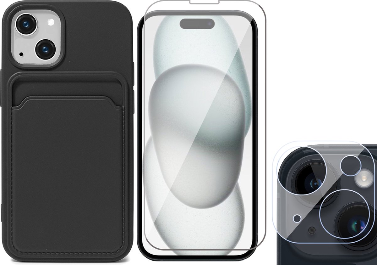 Hoesje Pasjeshouder geschikt voor iPhone 15 Plus - Screenprotector GlassGuard + Camera Lens Screen Protector - Siliconen Case Back Cover Zwart