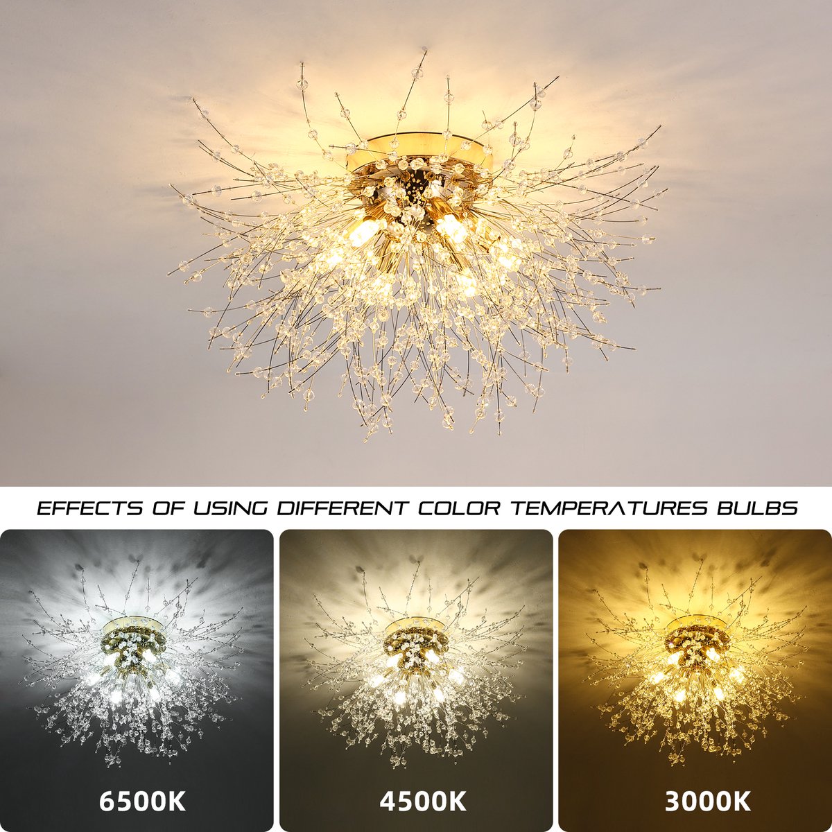 Plafonnier LED Cristal, Lustres de Feu d'Artifice Modernes, Luminaire  Plafonnier Dimmable 3000K-6500K Lumière Tricolore pour Chambre Salon Salle  de Bain(Or, Ampoule incluse)