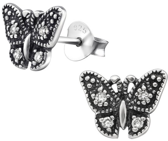 Joy|S - Zilveren vlinder oorbellen - 9 x 7 mm - geoxideerd - zirkonia