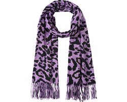 Nouka Paarse Dames Sjaal– Warme & Lichte Sjaal – Panterprint– Herfst / Winter – met Franjes – 70 x 180 cm