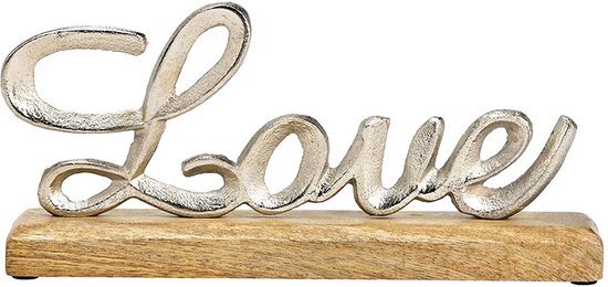 Liefde - Love - Valentijn - Zilvermetalen letters LOVE op mangohouten sokkel