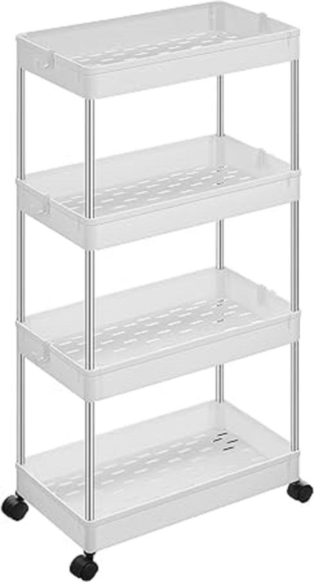 HOMCOM Keukenwagen Serveerwagen met Werkblad, 4 Uitschuifbare Stalen Manden, Rolwagen voor Kantoor, 49,5 x 31 x 91 cm, Lichtgrijs