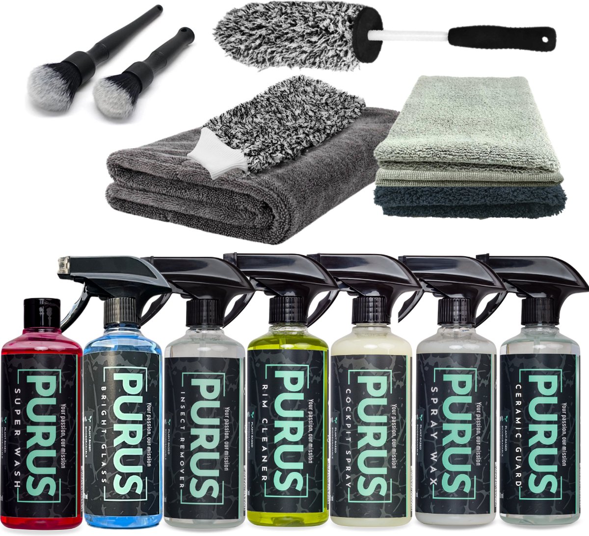 PURUS Ultimate Kit | 14delig Voor Auto & Motor Ceramic Guard - Super Wash - Shampoo - Wax - Washandschoen - Polish Towel - Drying Towel - Coating Towel - Auto Schoonmaken - Microvezeldoek - Ceramic Guard - Detailing