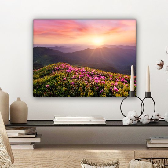 Peinture sur toile Fleurs - Berg - Coucher de soleil - Paysage - 40x30 cm - Décoration murale