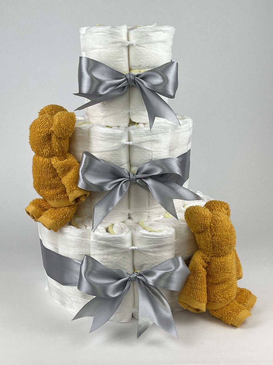 Goedkoopste Chouette-Chouette | Luiertaart Neutraal | Kraamcadeau | Geboorte Jongen Meisje | Babyshower | Beren Oker - Grijs