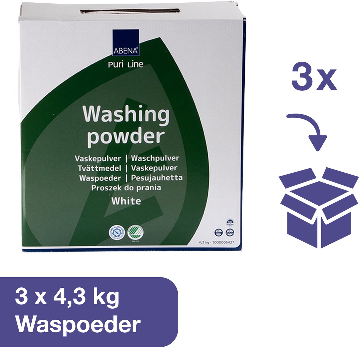 ABENA Duurzaam Waspoeder Voordeelverpakking voor Witte Was 3x 4,3kg - Wasmiddel Zonder Geur en Kleurstoffen - Veilig voor de Gevoelige Huid en de Natuur - Tot 300 Wasbeurten