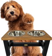 Handmade by Penninkhof - Honden eettafel - Voerbak - 2 RVS bakken - 25cm hoog - Eiken kleur