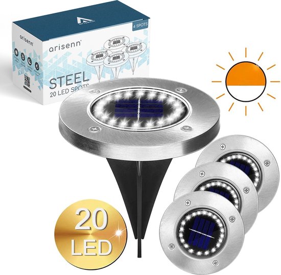 Arisenn® 20 LEDS - 4 x Solar RVS LED Grondspot Zwart - WarmWit 2700K - Solar Tuinverlichting - Buitenlamp - Tuinverlichting op Zonne-Energie - schemerschakelaar - automatisch aan- IP65 - 600 mAh Lithium accu