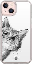 Casimoda® hoesje - Geschikt voor iPhone 13 - Kat Kiekeboe - 2-in-1 case - Schokbestendig - Illustratie - Verhoogde randen - Wit, Transparant