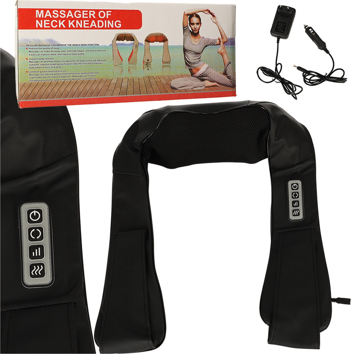 Playos® - Massagekussen - Zwart - Nek, Rug en Schouders - met Autoadapter - Shiatsu Apparaat - Rug Massage - Nekmassage - Nek Massage Apparaat - Infrarood - Met Warmtefunctie - U vorm