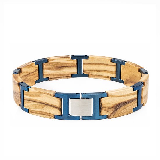 AEH23-S03.1 - Vurig Olijf houten Armband, RVS tussenschakels blauwkleurig
