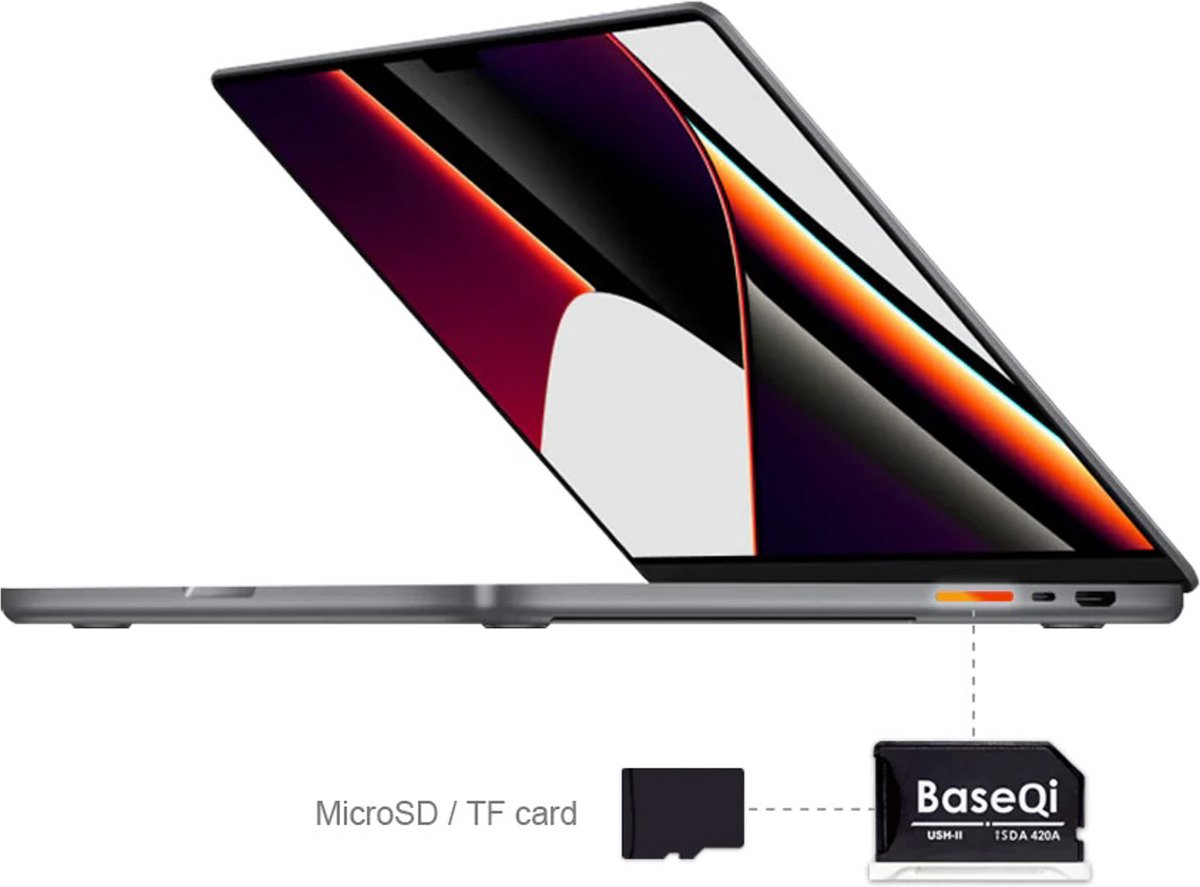 BaseQi 420A: UHS-II MicroSD-kaartadapter voor MacBook Pro 14” en 16” Pro M1-M3, 2021-2023 - Kaartlezer - MacBook Pro - Opslaguitbreiding - Ondersteunt MicroSD’s tot 2TB - UHS-I en UHS-II