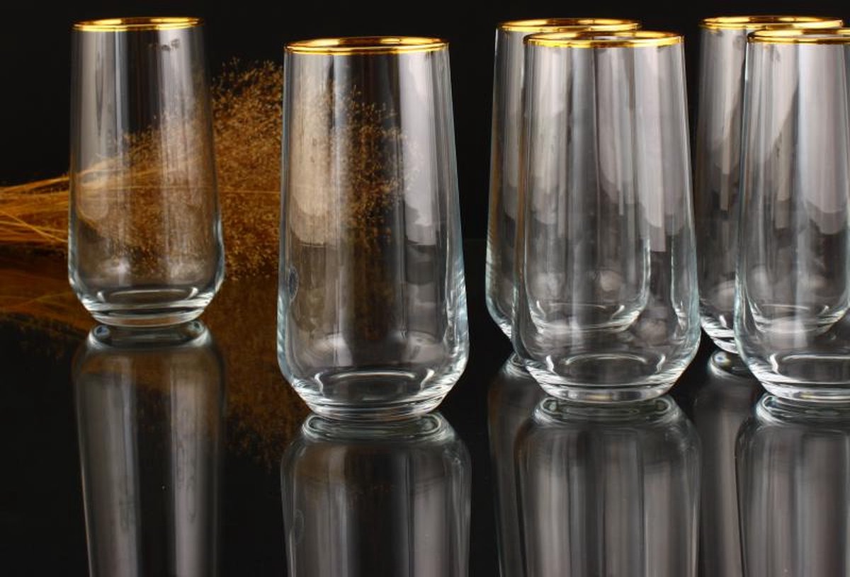 Abka Kristal - Allegra Goud - Longdrinkglas set (470 ml) - met de hand versierd met 24-karaats goud - 6 stuks