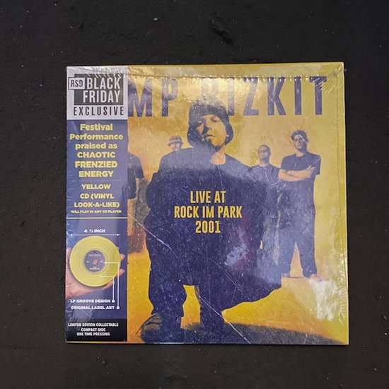 Gele limited edition 'Rock Im Park 2001' CD van Limp Bizkit met 'RSD Black Friday Exclusive' sticker en een afbeelding van de band.
