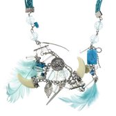 Behave Long collier turquoise en corde tressée avec plumes, dents et pièces de monnaie