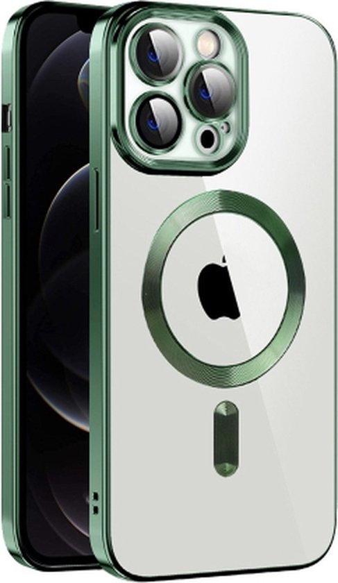 Silicone Back cover Geschikt voor Apple iPhone 14 pro max met lensbeschermer/Magsafe compatible /magneet case Telefoonhoesje/transparant met Donkergroen randen