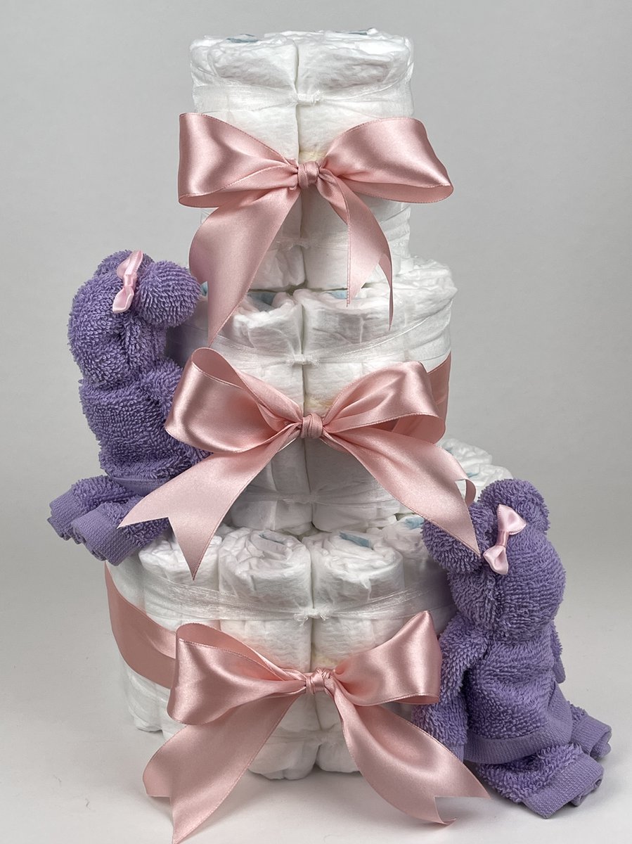 Chouette-Chouette | Luiertaart Meisje | Kraamcadeau | Geboorte Meisje | Babyshower | Beren Lavendel - donker Poeder Roze