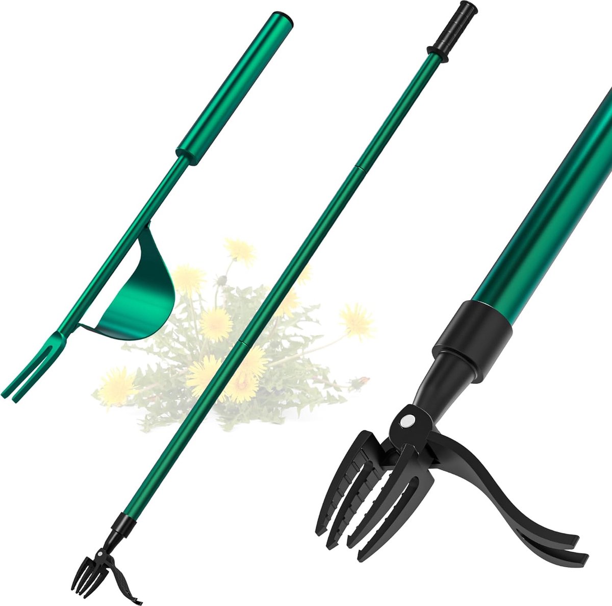 Onkruidstekerset, handwieder en 1,2 m lang, stand-up onkruidtrekker, gereedschap met 4 klauwen, onkruidtrekker, tuingereedschap, paardentandensteker, distelsteker, geschenken van de tuinier
