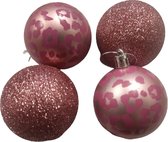Luxe glitter kerstballen BLITZ met panter print - Roze / Glitter - Kunststof - Set van 8 - Kerst - kerstmis - kerstboom