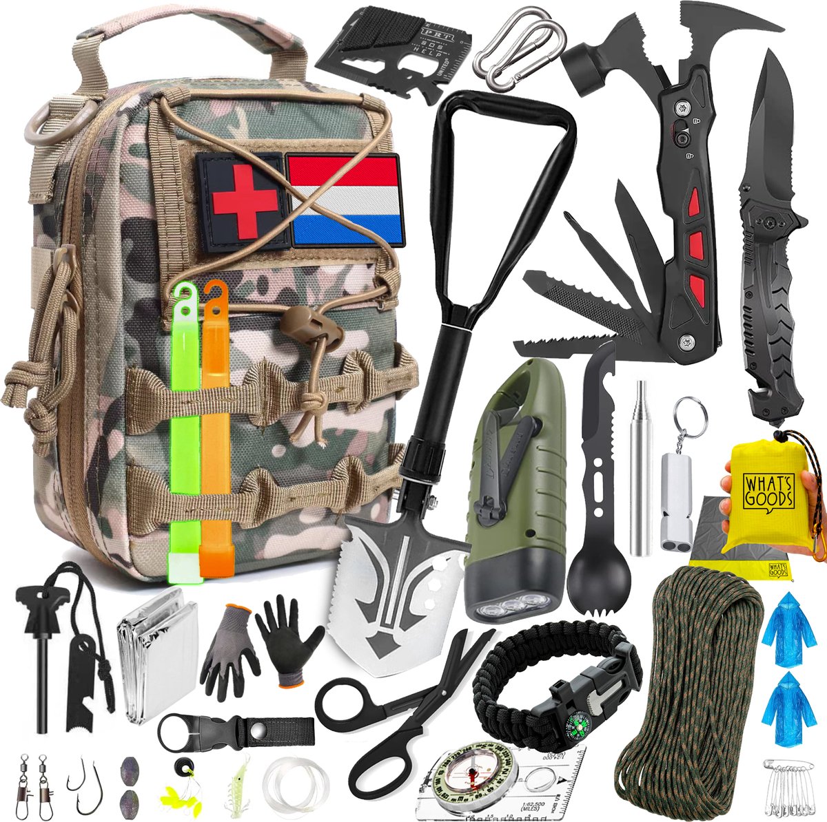 What's Goods® NL Survival Kit - Kwaliteit noodpakket incl. survival mes & schep, vuurstarter, dynamo zaklamp, nooddeken & meer - Multicam - What's Goods