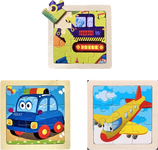 Houten puzzels - 3 stuks - 9 delig - Montessori - Graafmachine Vliegtuig Politieauto - 11x11 cm