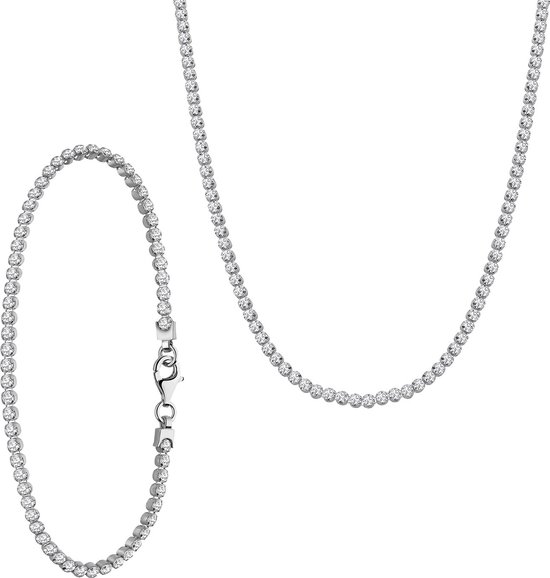 Lucardi Dames Zilveren set ketting en armband zirkonia - Cadeau Set - 925 Zilver - Zilverkleurig