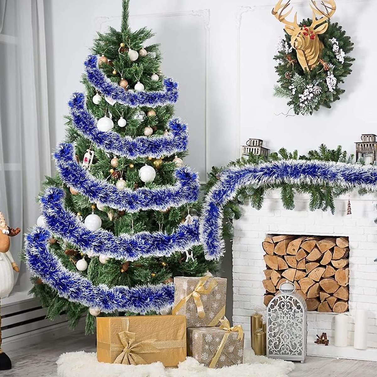 Kerstslinger, 16 meter klatergoud, kerstslinger, decoratie, kerstboomversiering, kerstslinger, boomversiering, glanzende kerstslinger, blauw.