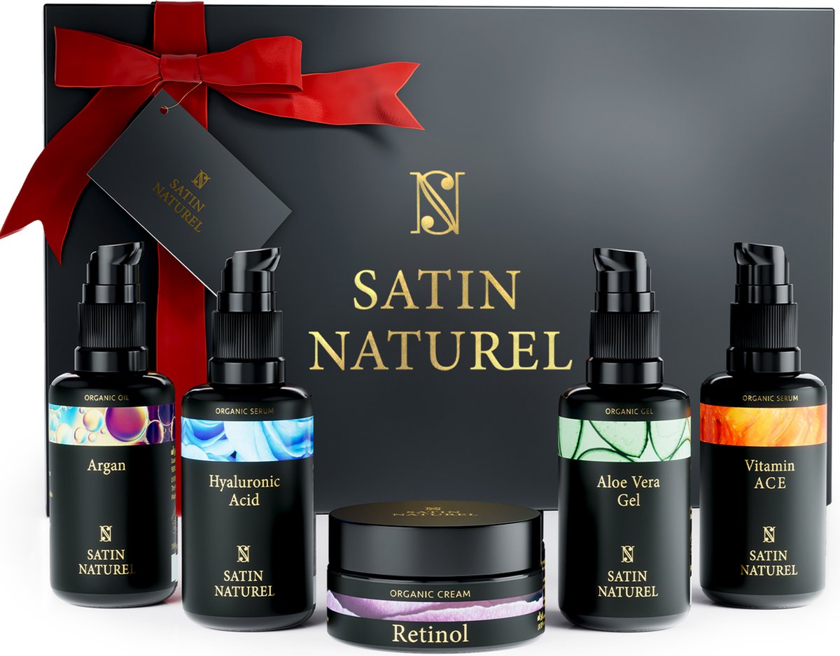 Goedkoopste Satin Naturel Skincare geschenkset voor vrouwen met o.a. vitamine C en hyaluronzuur serum arganolie, Anti Aging Verwenpakket, 5x30ml