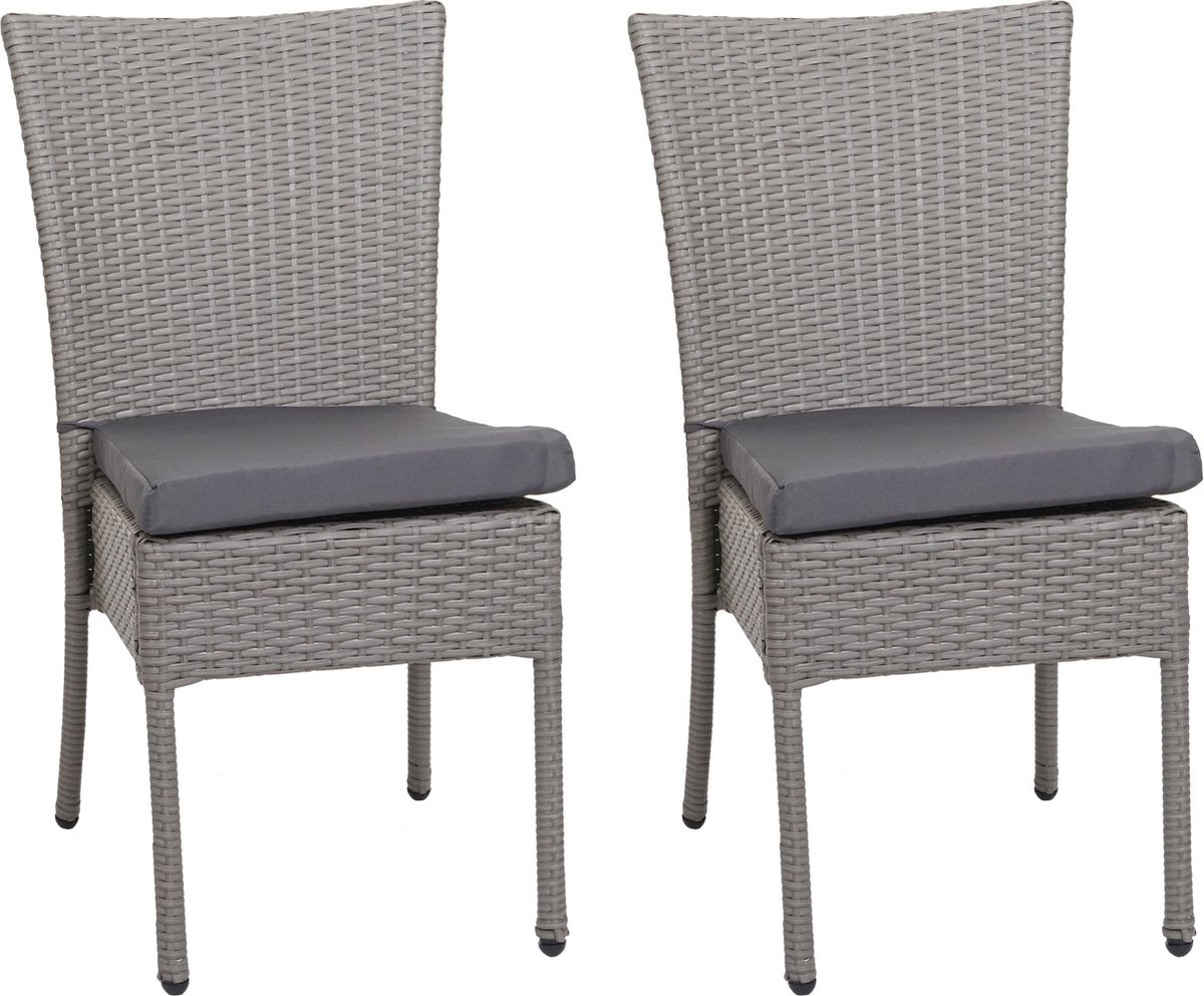 Set van 2 polyrotan stoelen MCW-G19, balkonstoel tuinstoel, stapelbaar ~ grijs, donkergrijze kussens