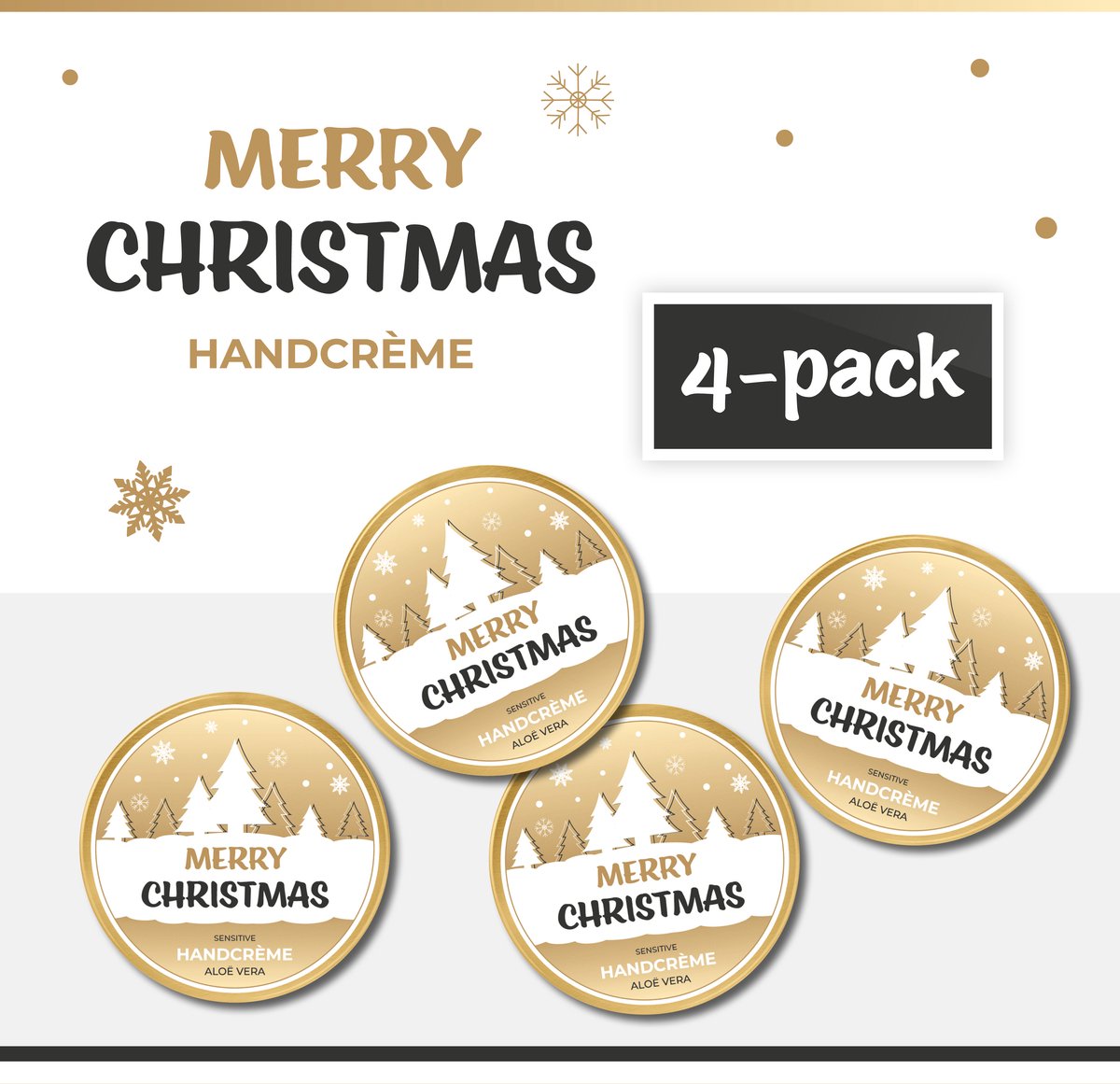 Goedkoopste Handcrème Merry Christmas - 4-Pack - 50 ml - 200 gram | Aloë vera - Kerstgeschenk - Klein Kerstcadeautje - Christmas Gift - Cadeau - Kerst - Kerstpakket - Kerstpakketten - Fijne Kerstdagen - Cadeautje - Feestdagen - Goud - Zwart
