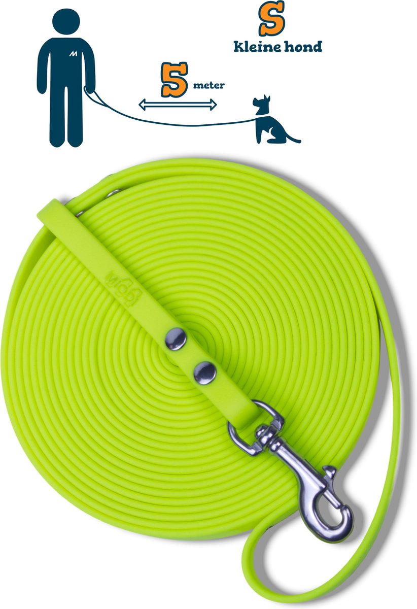 Miqdi lange lijn - BioThane – neon geel - 5 meter lang – 9mm breed – XS/S – kleine hond – lange hondenriem