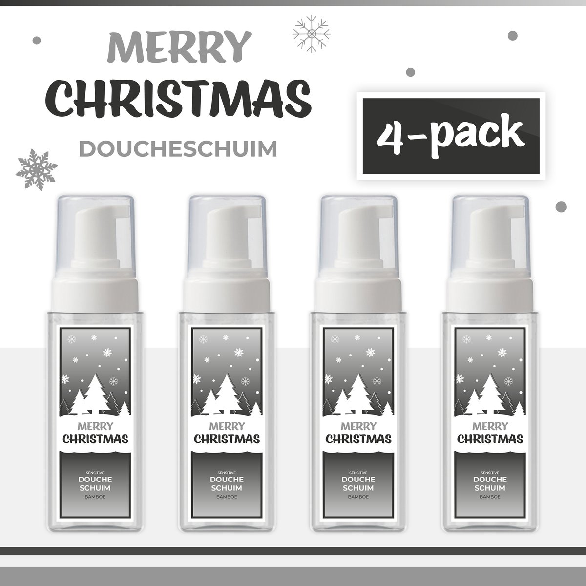 Goedkoopste Doucheschuim Merry Christmas - 4-Pack - 180 ml - 720 gram | Bamboe - Cadeau - Kerst - Kerstpakket - Kerstgeschenk - Klein Kerstcadeautje - Kerstpakketten - Christmas Gift - Fijne Kerstdagen - Cadeautje - Feestdagen - Zilver