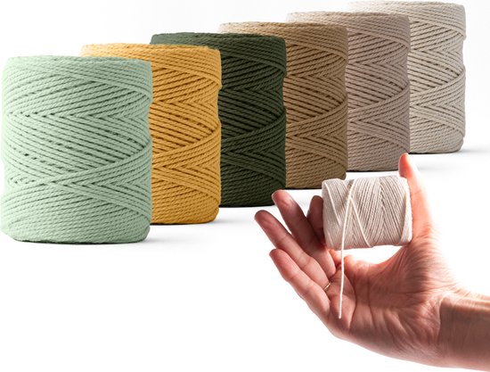 Ledent macramé touw, (1mm, 6 x 65M), dubbel getwist - 100% geregenereerd katoenkoord - Macramé touw in 6 verschillende natuurlijke kleuren om mee te knutselen.
