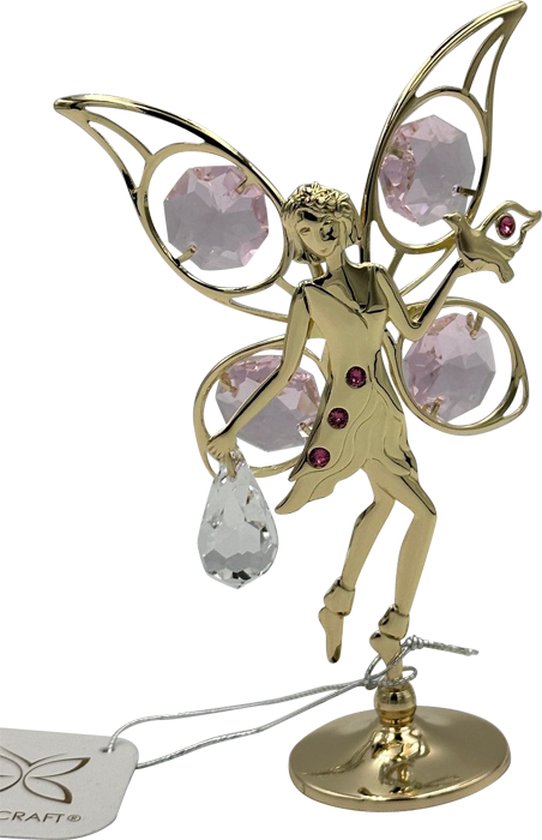 Fée fleur plaquée or 24 carats avec colombe et cristal de bohemia rose