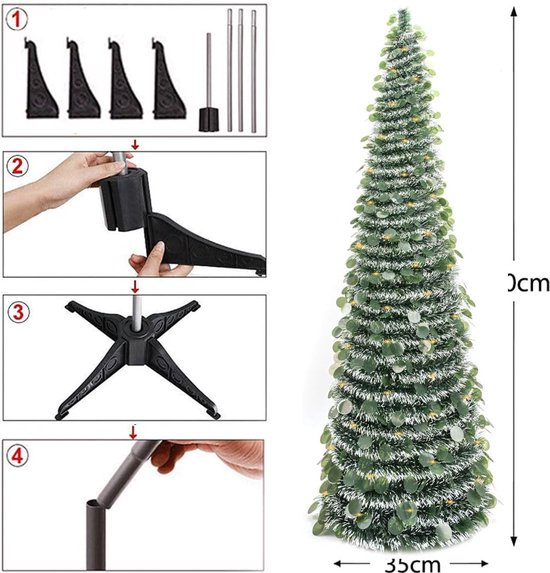 HMASYO 5FT pop-up kerstboom met timer 50 lichten, klatergoud kerstboom