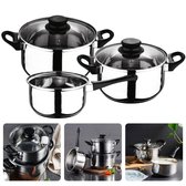 Cheqo® Set de casseroles - 5 pièces - avec indication de taille - Tous feux - Induction - Casserole - Casserole - Couvercle en Verres - Pour Étudiants et débutants - Acier inoxydable - Camping - Longue durée de vie