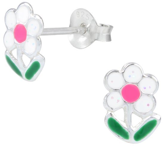Joy|S - Zilveren bloem oorbellen "Flower" roze wit
