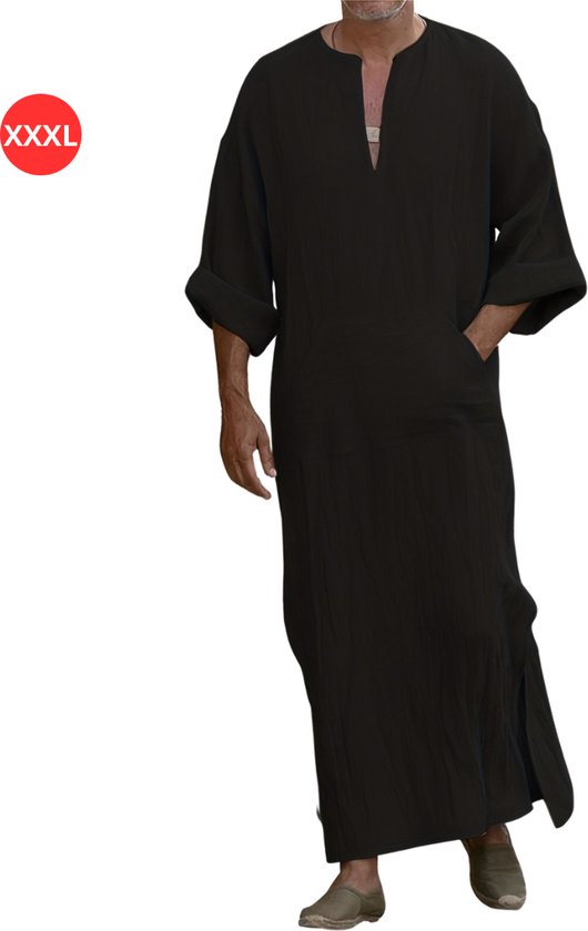 Livano Djellaba Heren - Kaftan - Arabisch Mannen - Moslim Kleding - Islamitische Kleding - Alhamdulillah - Zwart XXXL